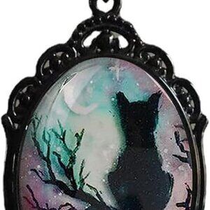 Cat Moon Cameo Necklace - Vintage Gothic Oval Frame Pendant Necklace Mystic Witc